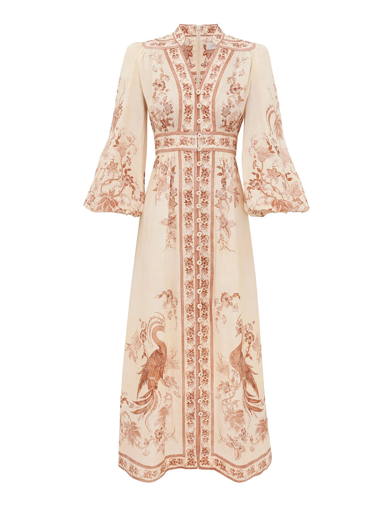 Indra plunge linen midi dress, cream floral