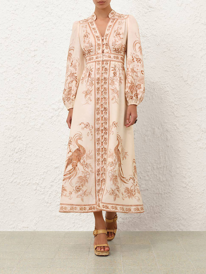 Indra plunge linen midi dress, cream floral