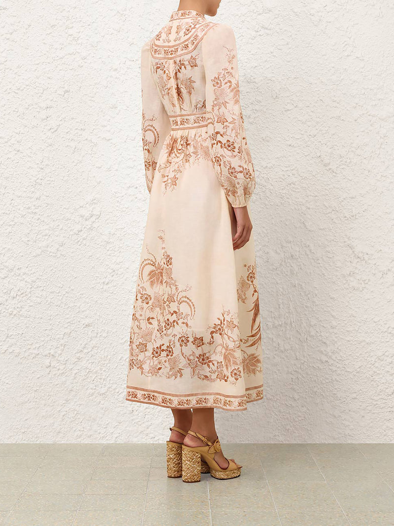 Indra plunge linen midi dress, cream floral