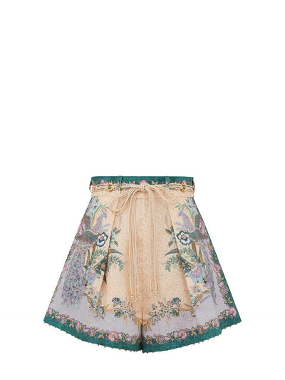 Indra tuck linen shorts, floral cream scarf print