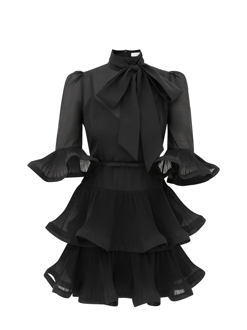 Pleated sleeved mini dress, black