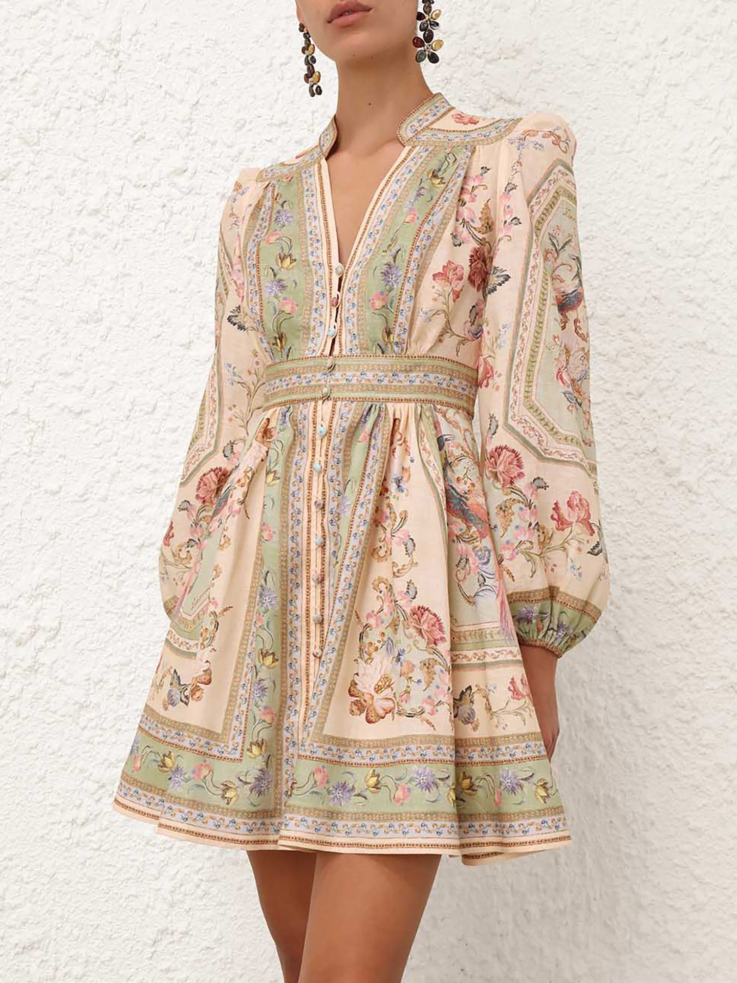 Roselight plunge mini dress, sage floral tapestry print