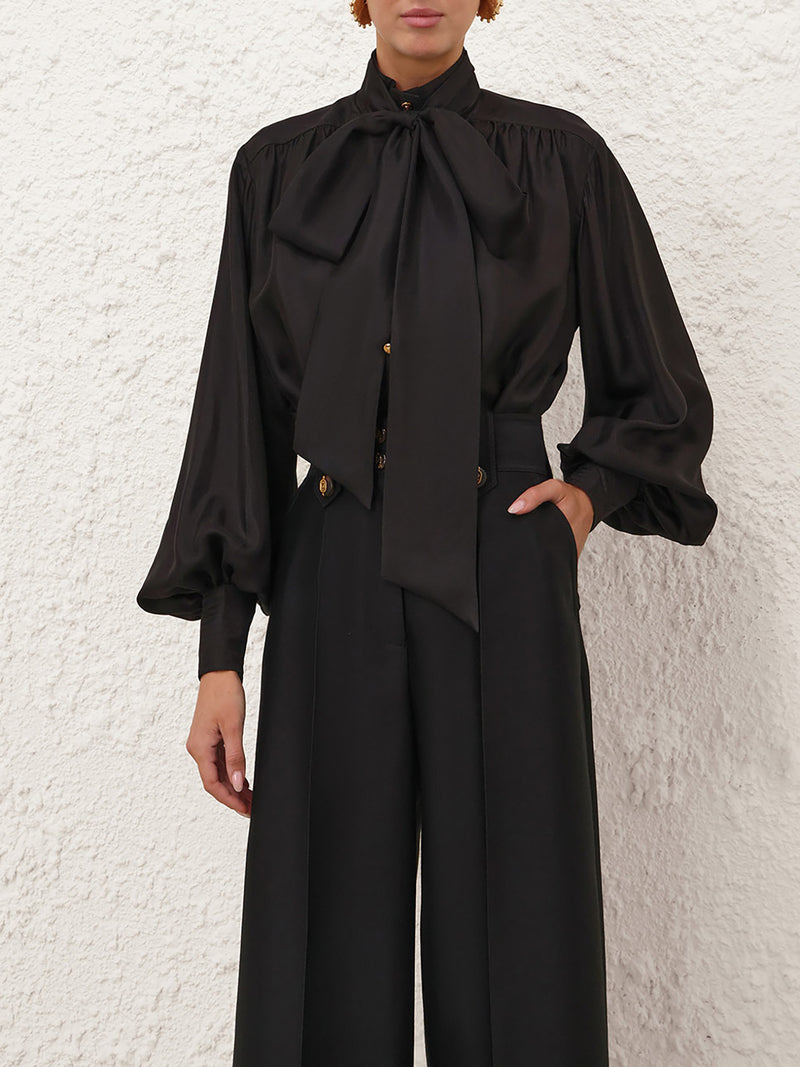 Tie neck blouse, black