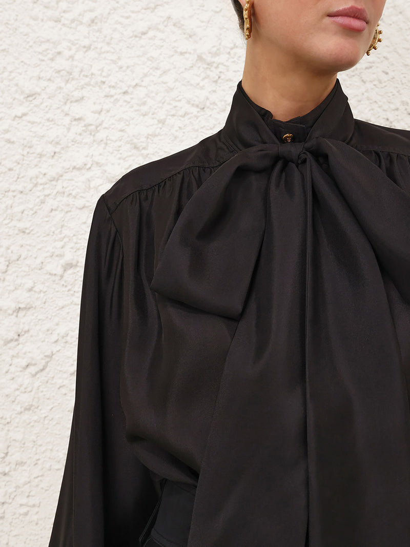 Tie neck blouse, black