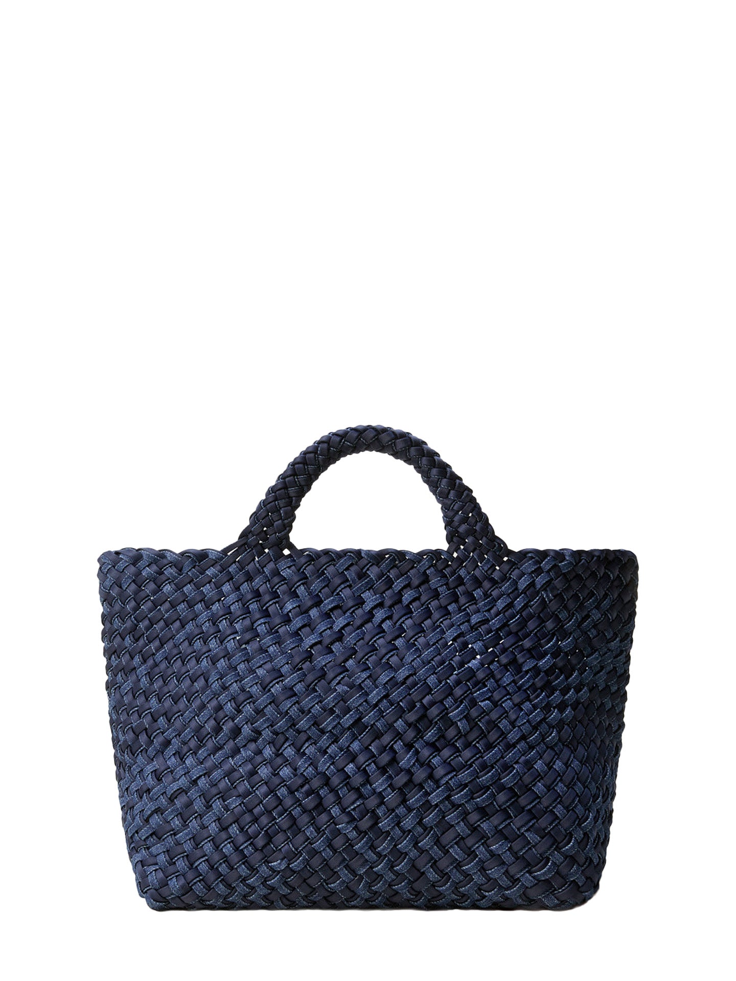 Navy blue woven handbag from Naghedi on a white background