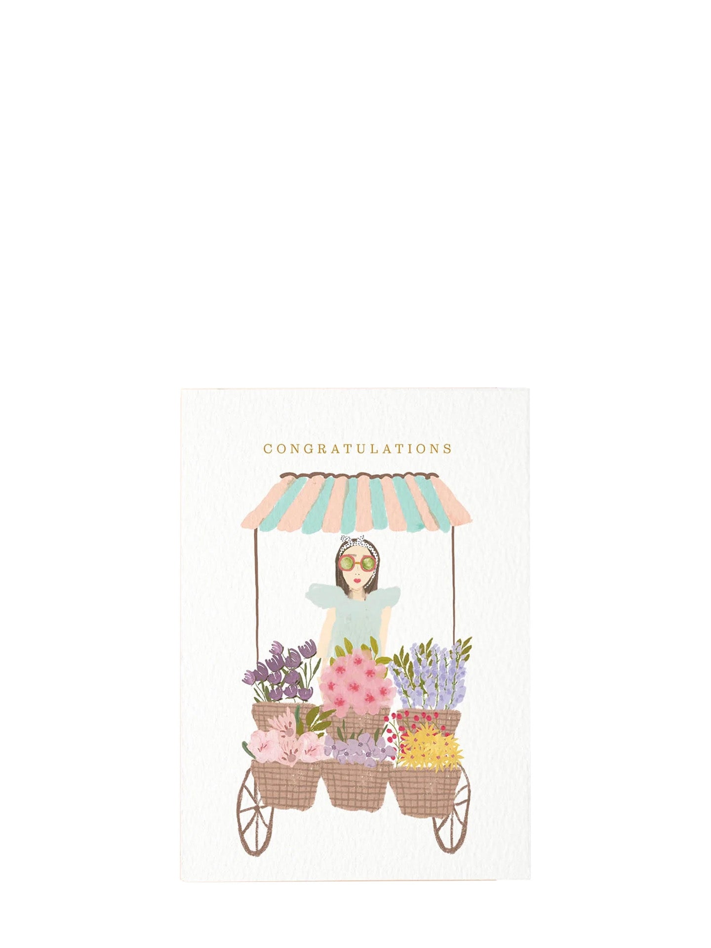 Greeting card with a design of a woman behind a flower cart and the word 'Congratulations'.