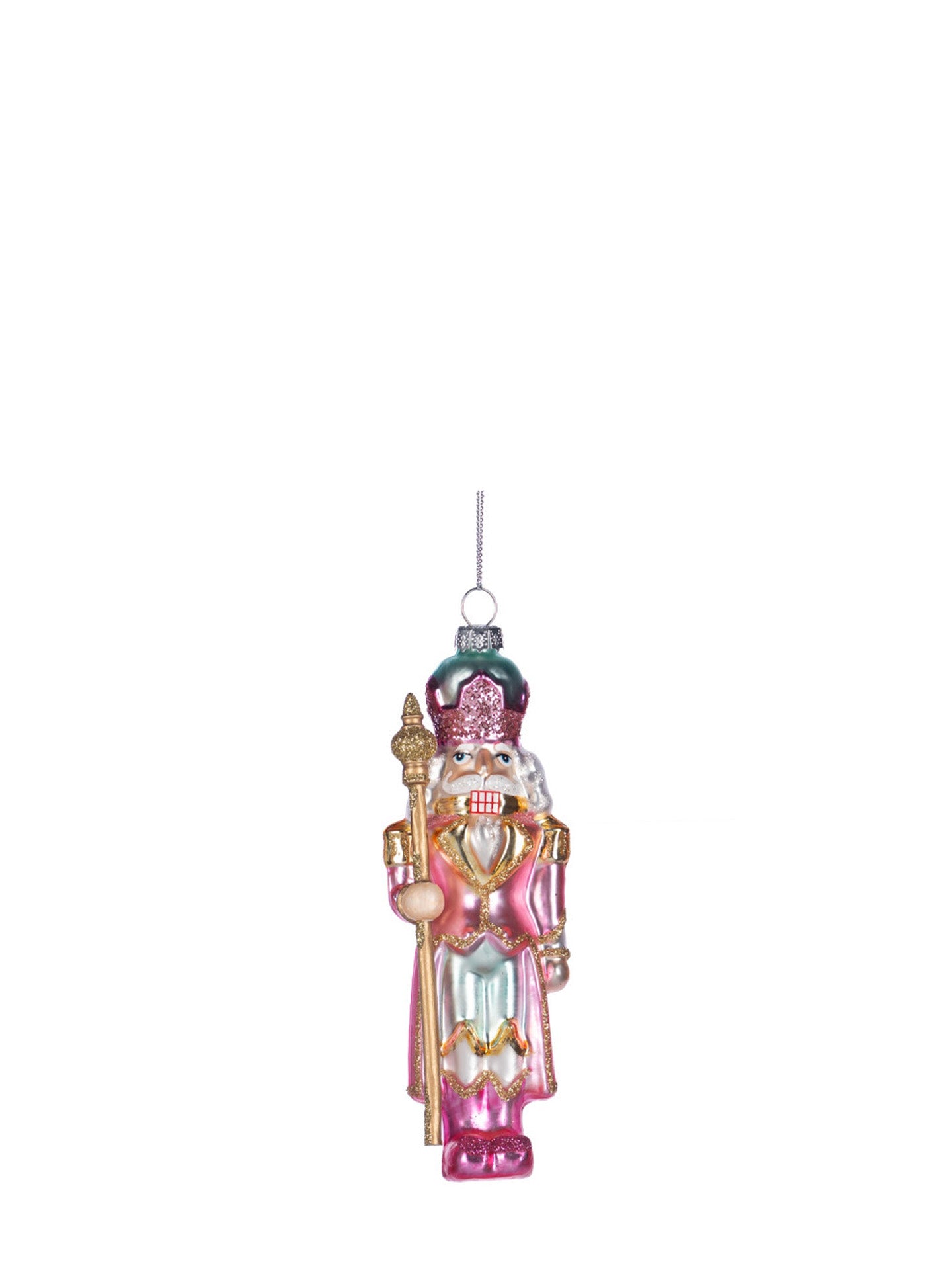 Nutcracker ornament with scepter, pink jacket