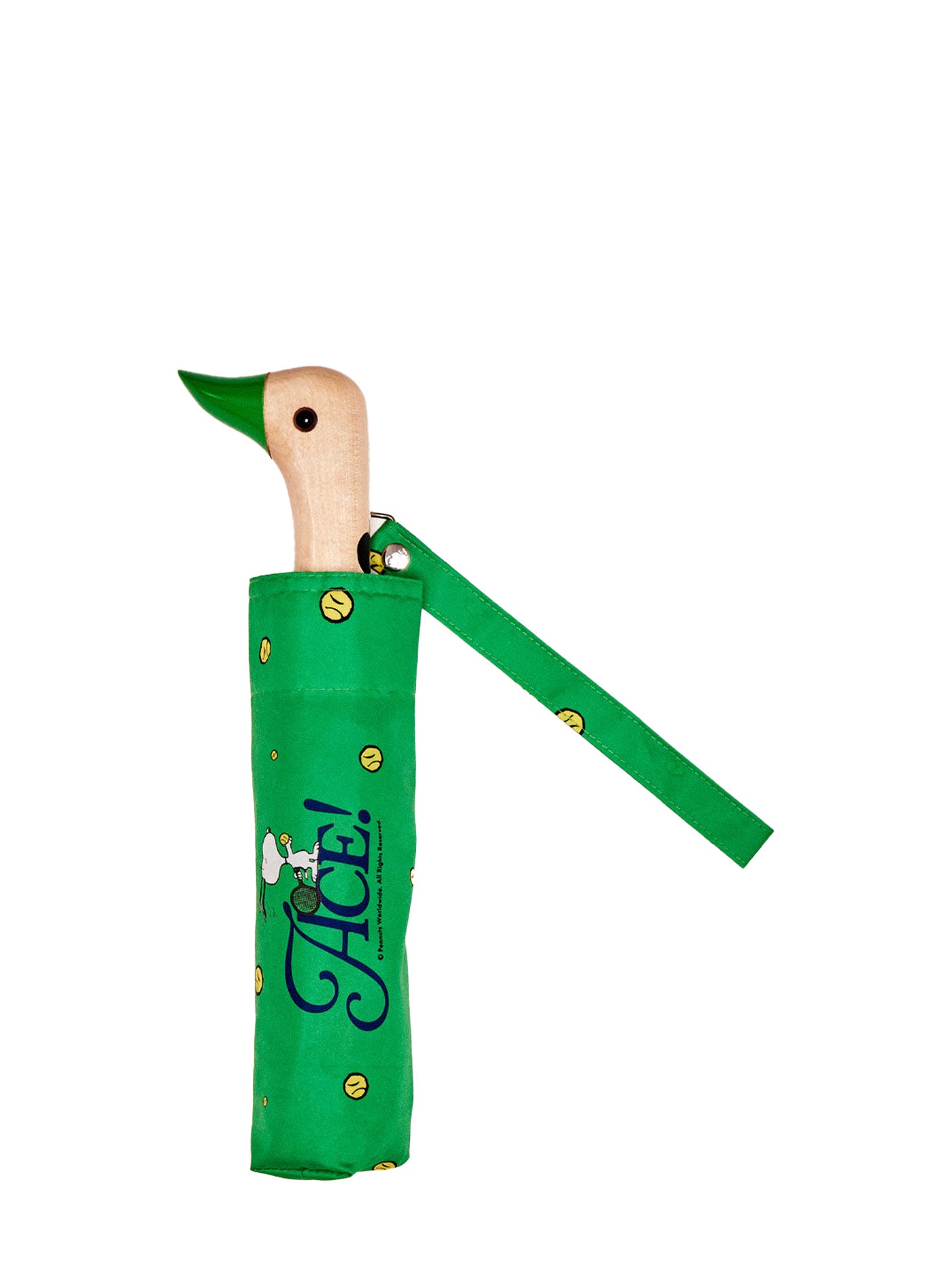 Green duck head umbrella with Snoopy playing tennis print
