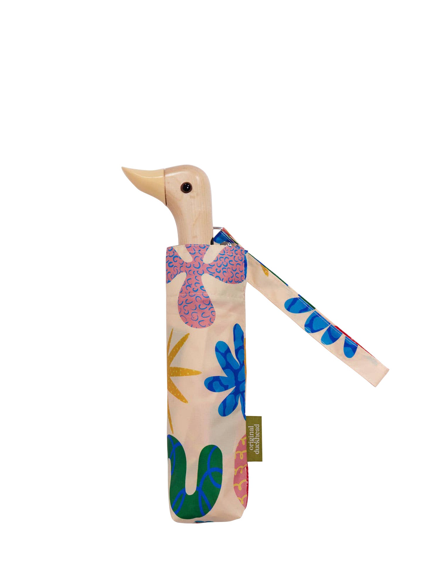A wooden duck-shaped umbrella handle with a colorful floral print fabric cover and matching wrist strap, shown on a plain white background.
