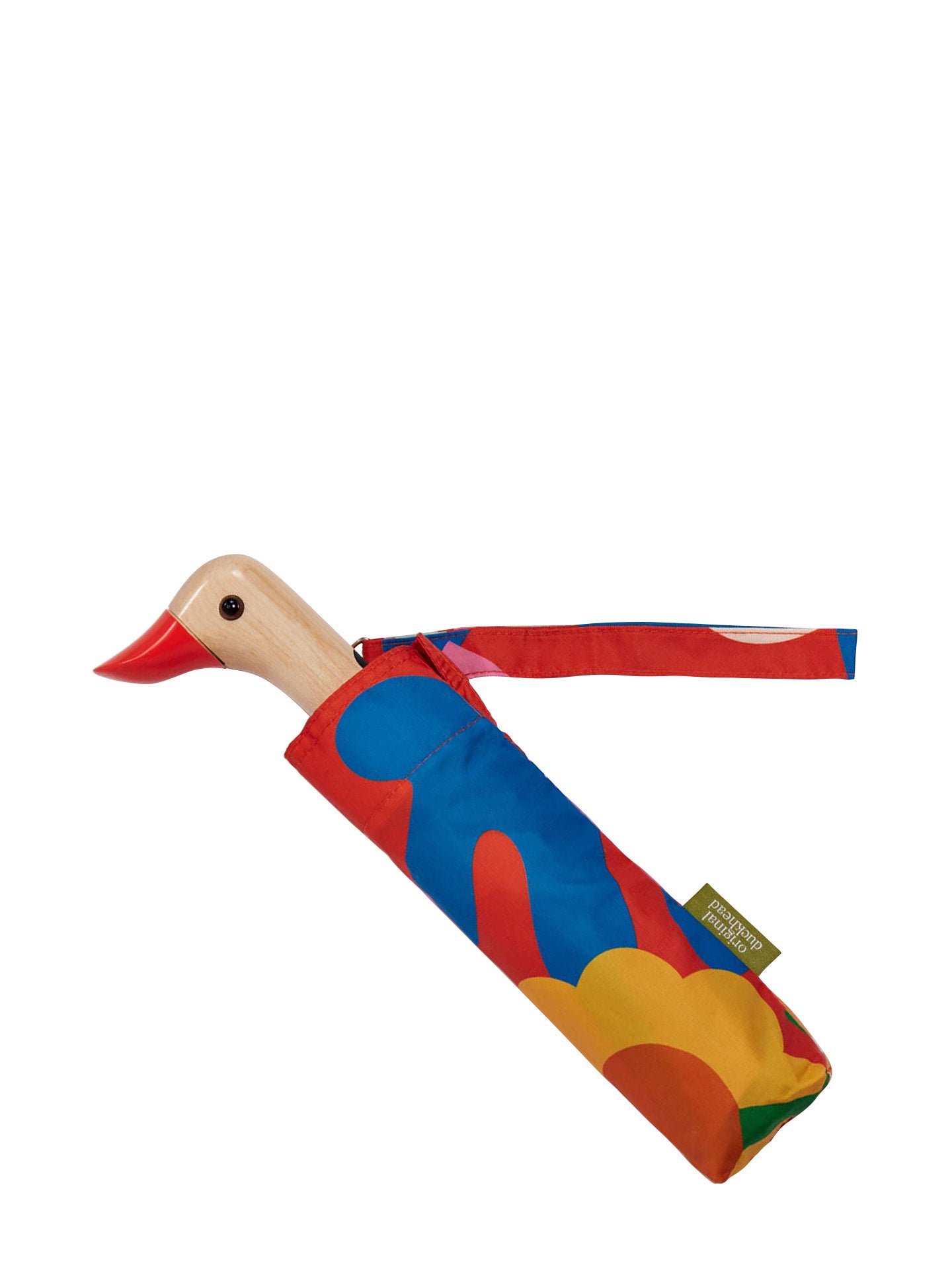 A colorful duck-shaped umbrella with a natural wood handle and a matching fabric cover featuring abstract red, blue, yellow, and orange shapes, shown on a plain white background.