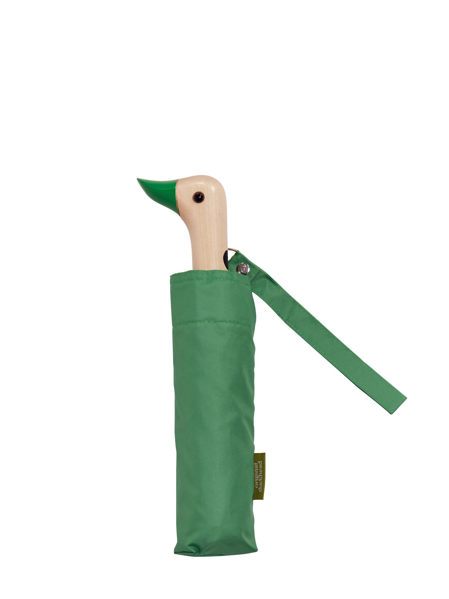 A green umbrella in a matching green fabric sleeve, featuring a duck-shaped wooden handle with a green beak and a small hanging brand tag, shown on a plain white background.