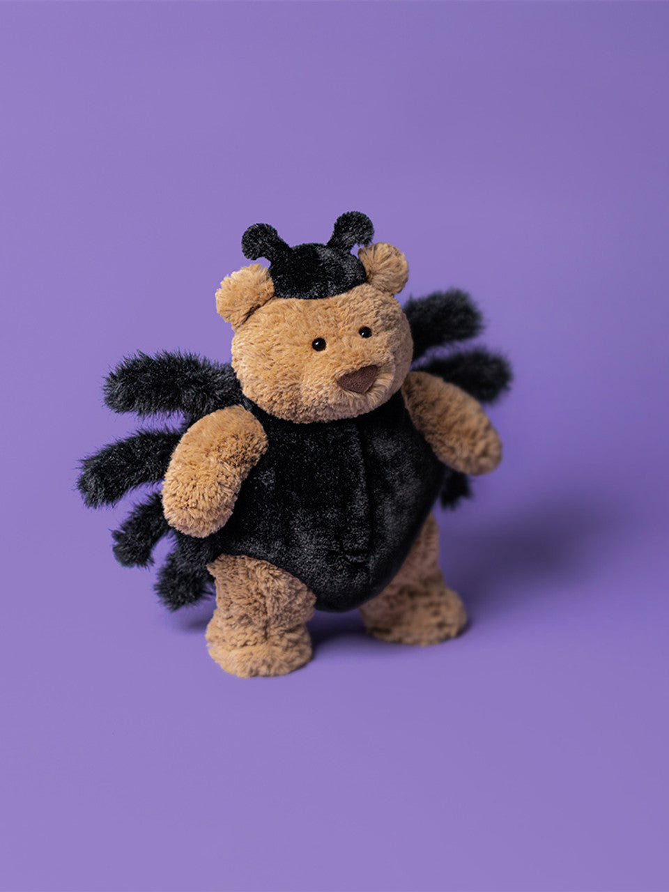 Plush toy spider on a purple background