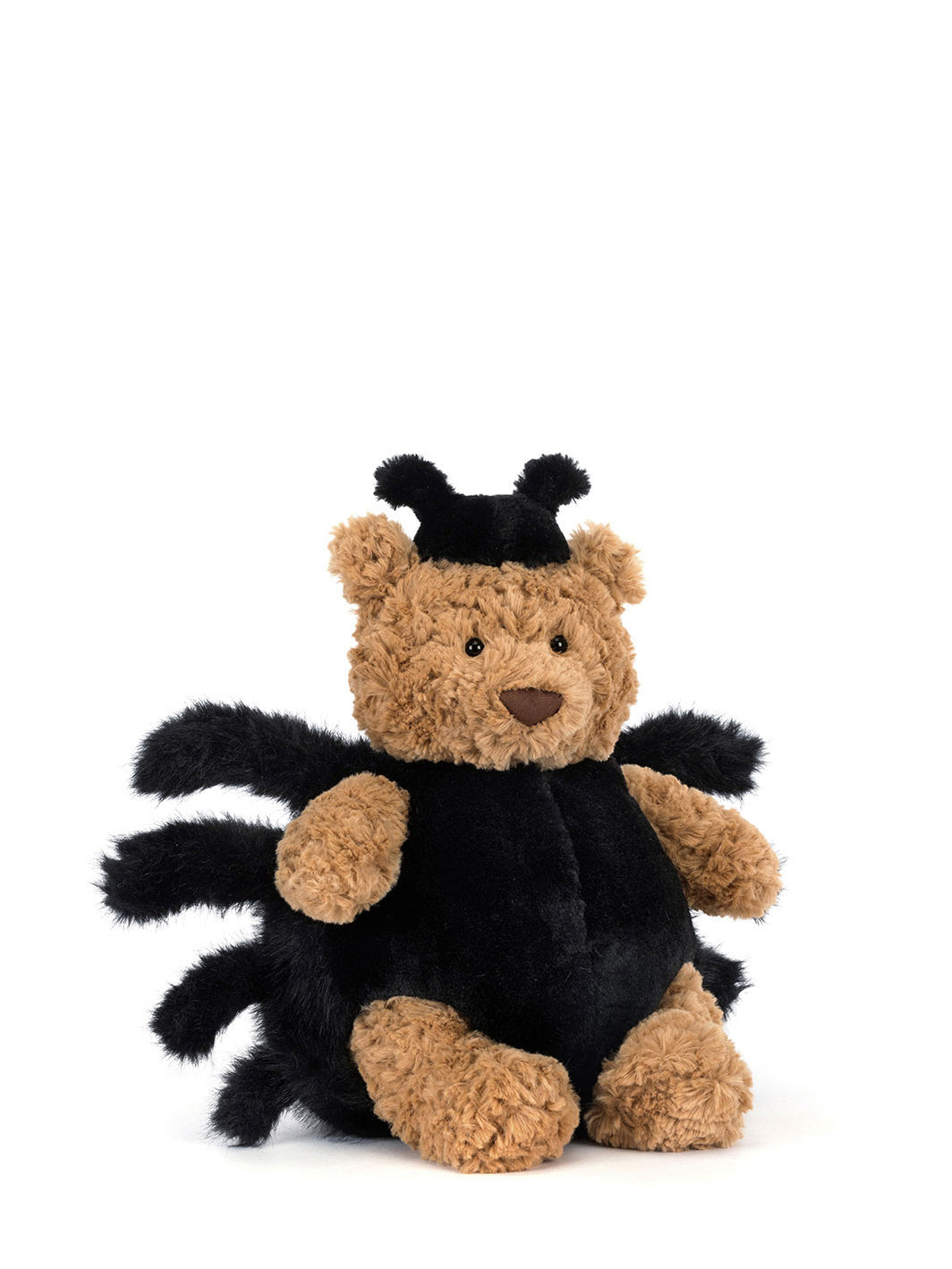 Plush toy resembling a bear with a spider body on a white background