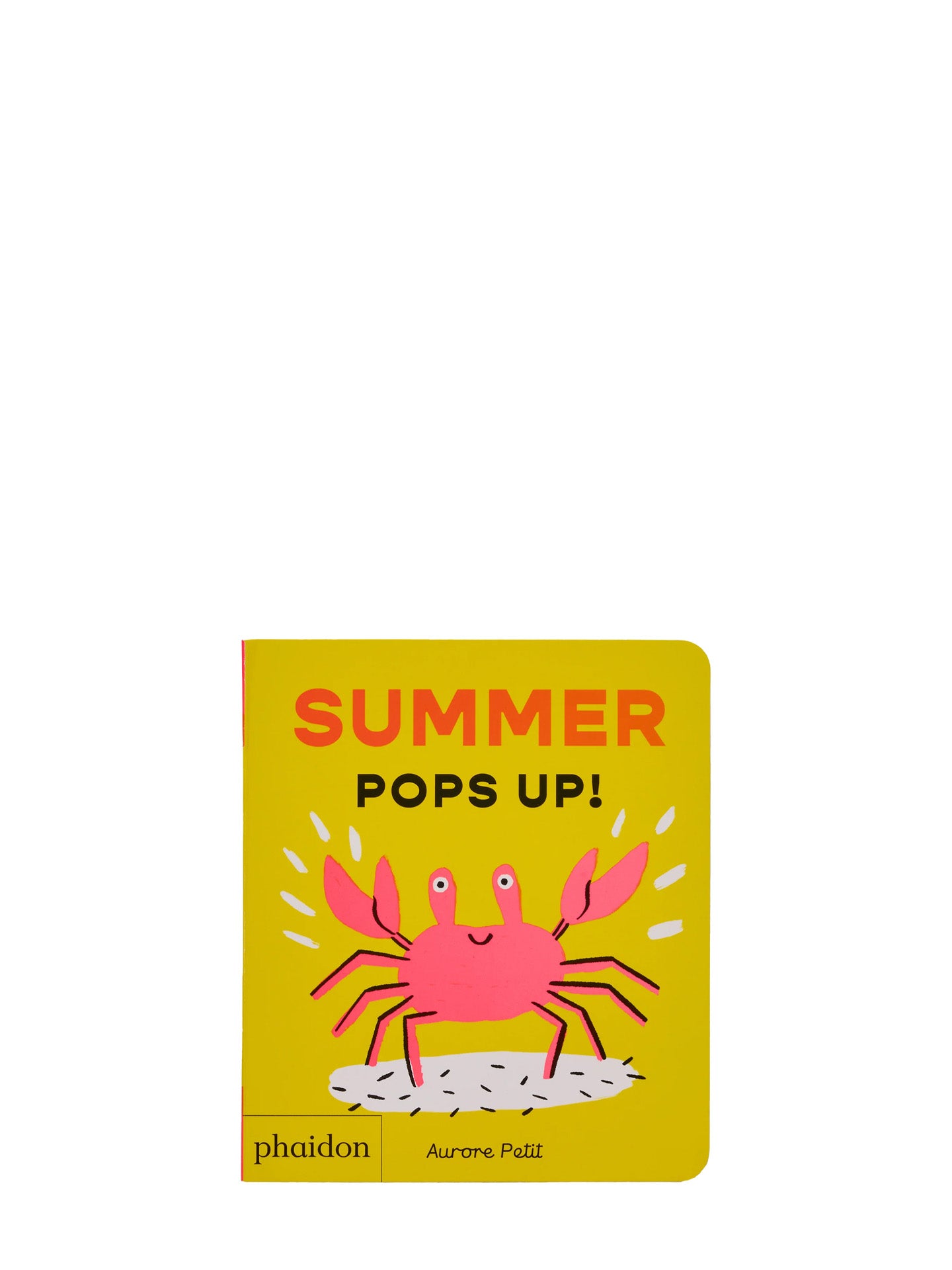 Book cover of 'Summer Pops Up!' with a pink crab illustration on a yellow background