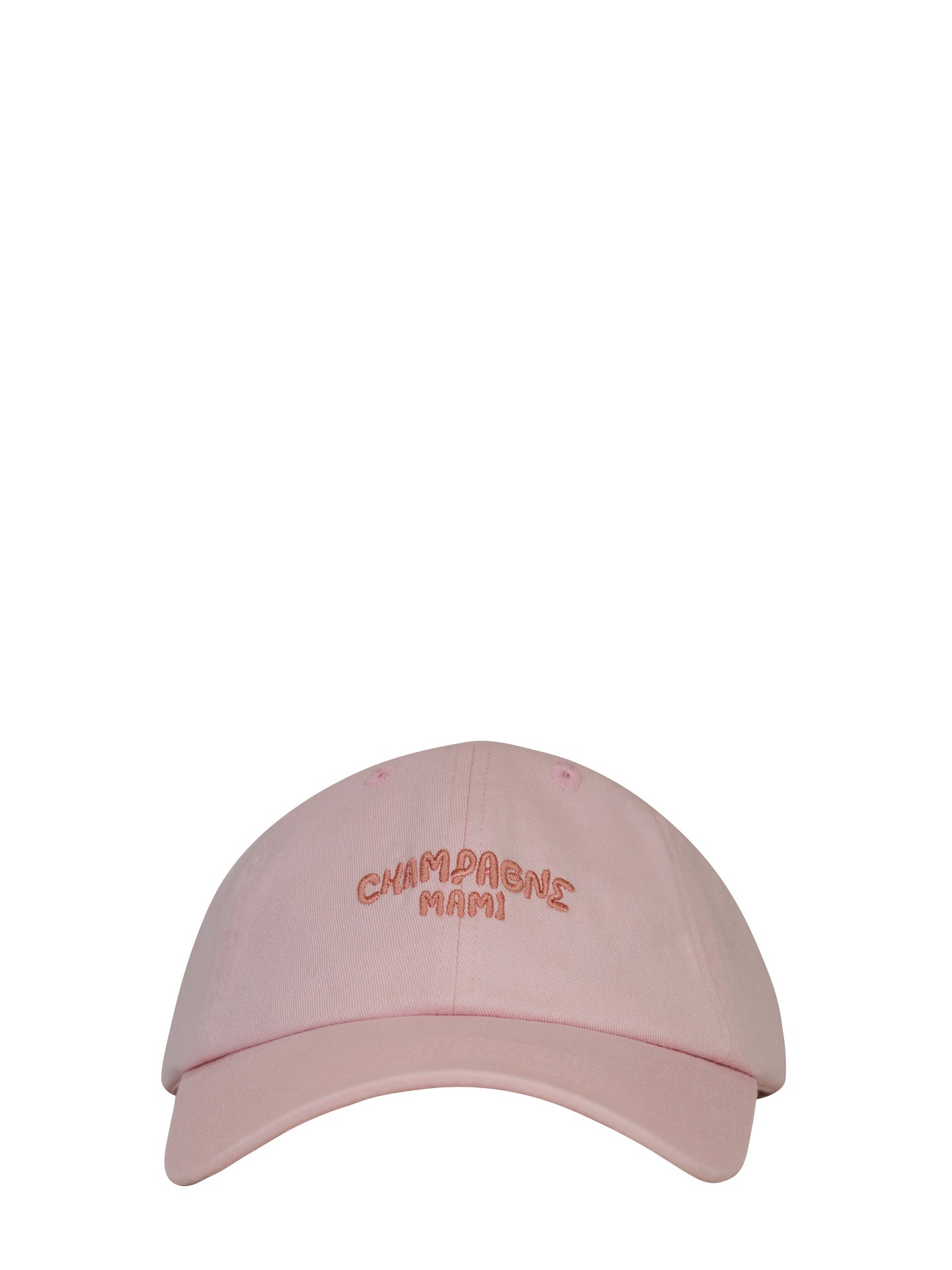 Pink cap with 'Champagne Mami' embroidery on a white background