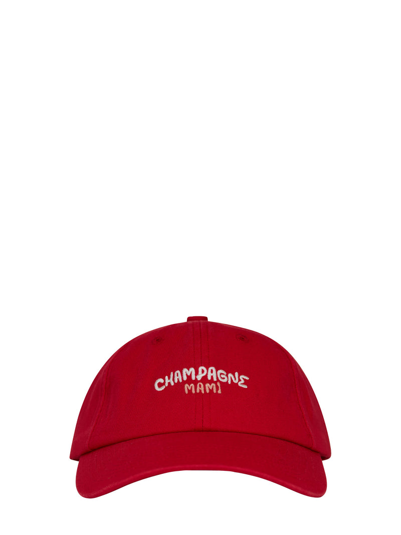 Red cap with 'Champagne Mami' text on a white background