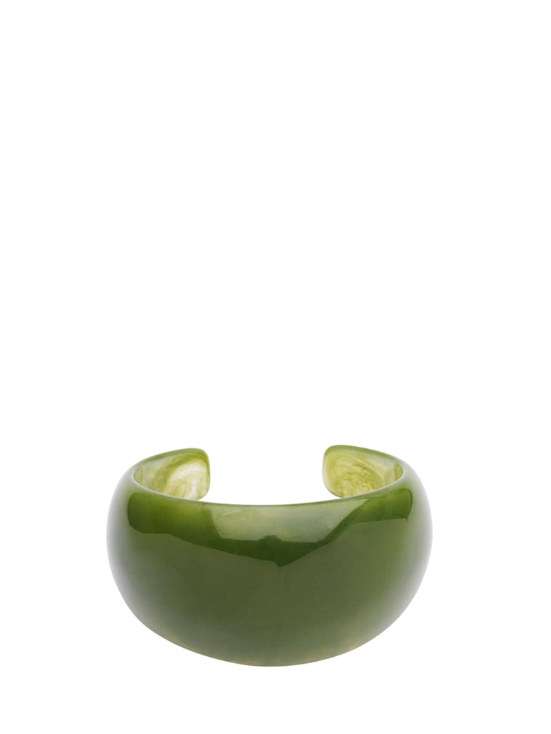 A glossy olive green resin cuff bracelet on a solid white background.