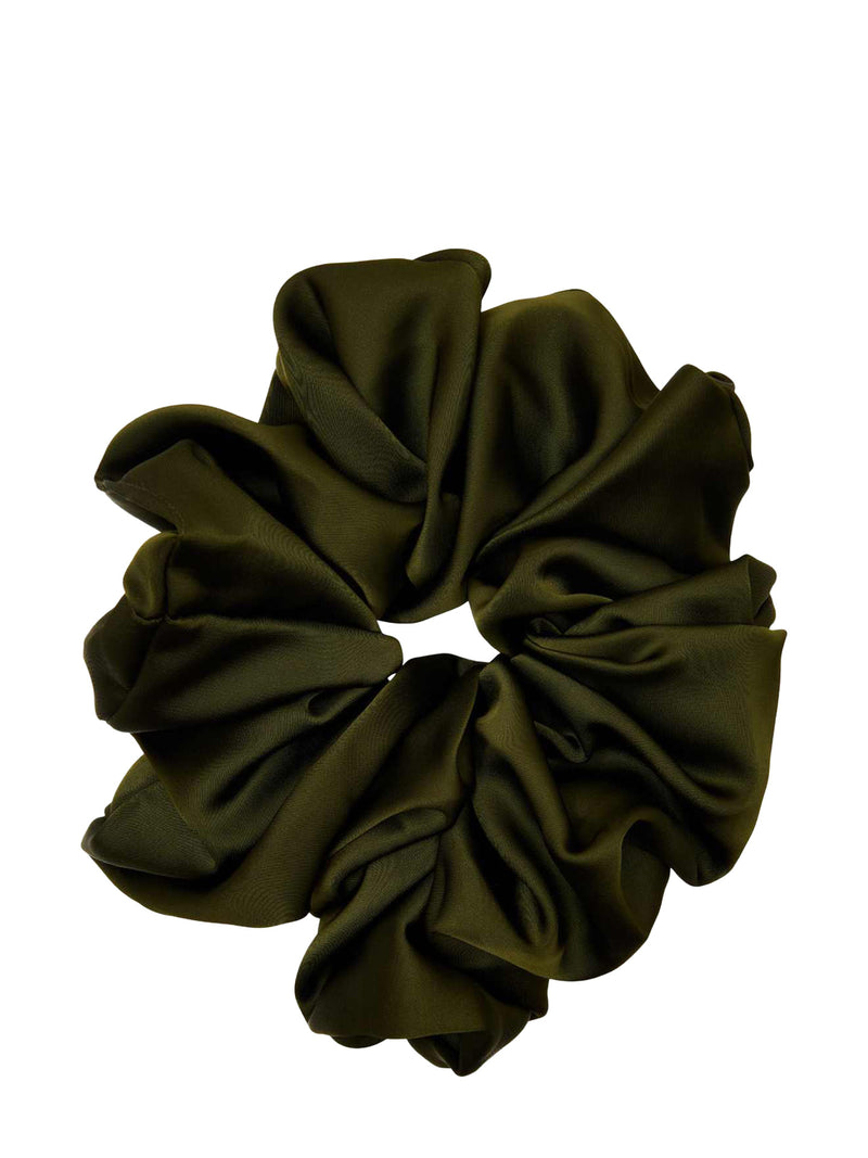 An olive green satin hair scrunchie shown against a plain white background.