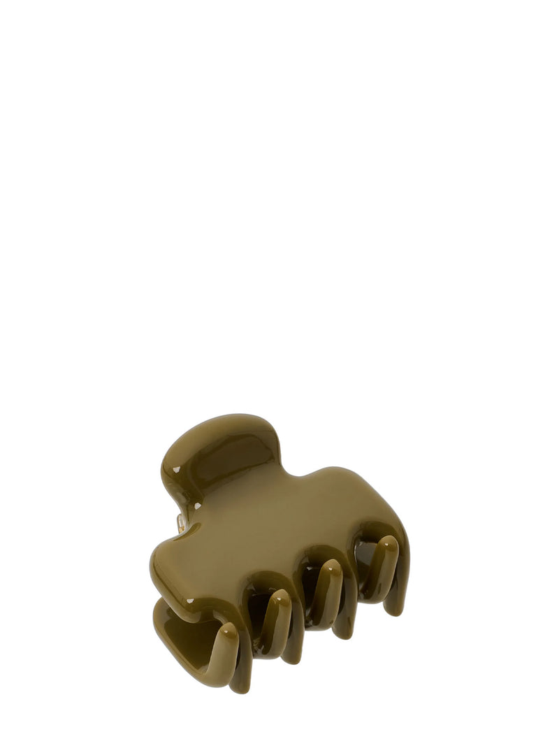 An olive green glossy hair claw clip on a solid white background.