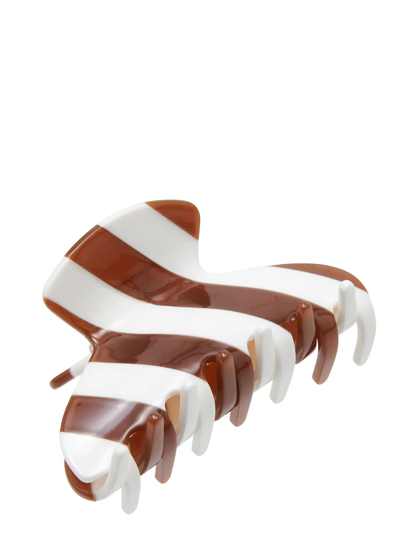 Acetate hair claw clip with alternating brown and white diagonal stripes, shown on a solid white background.