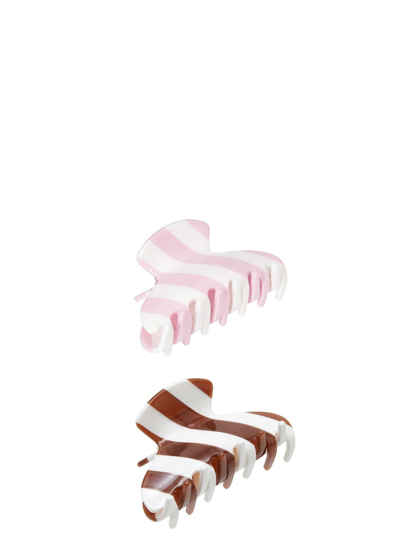 Two hair claw clips with a striped pattern, one in light pink and white, and the other in medium brown and white, shown against a plain white background.
