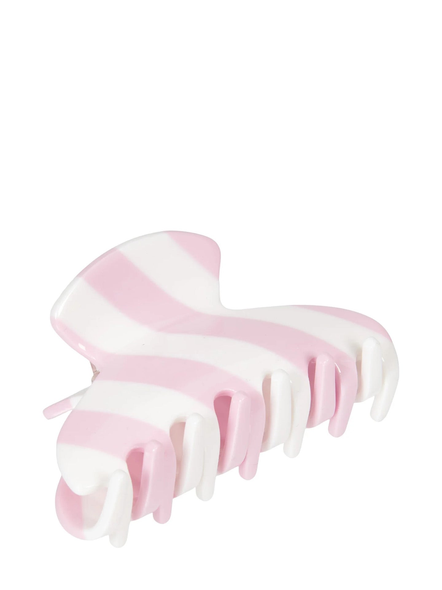 A glossy hair claw clip with alternating pale pink and white diagonal stripes, shown on a solid white background.