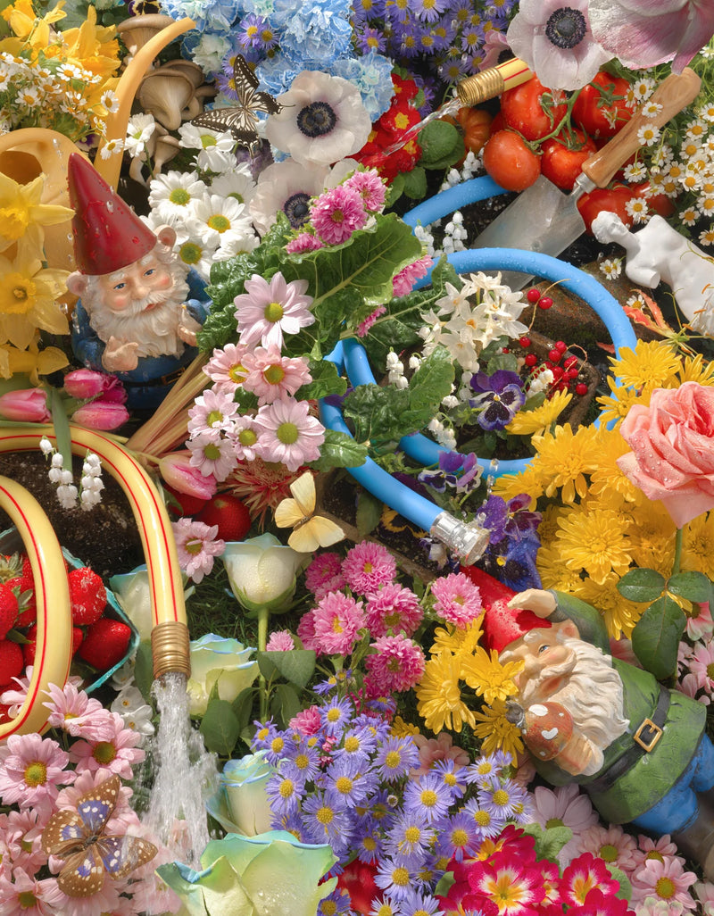 Colorful garden scene with flowers, gnomes, and gardening tools.