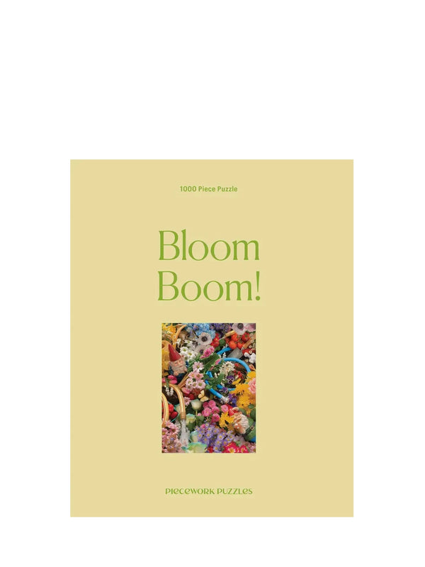 Piecework Puzzle box titled 'Bloom Boom!' with a floral design on a white background