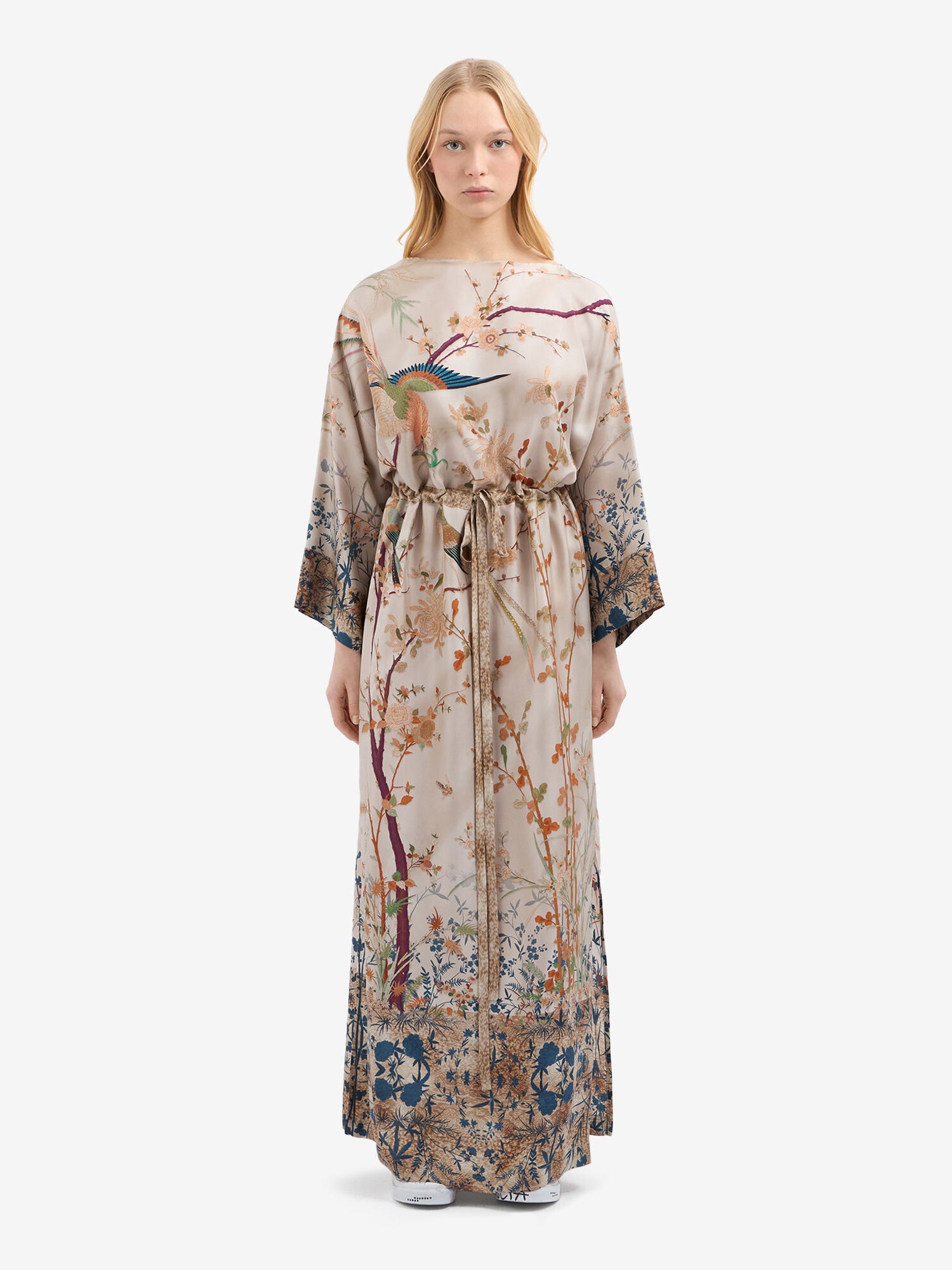 Aloe silk dress in bird-floral print, beige