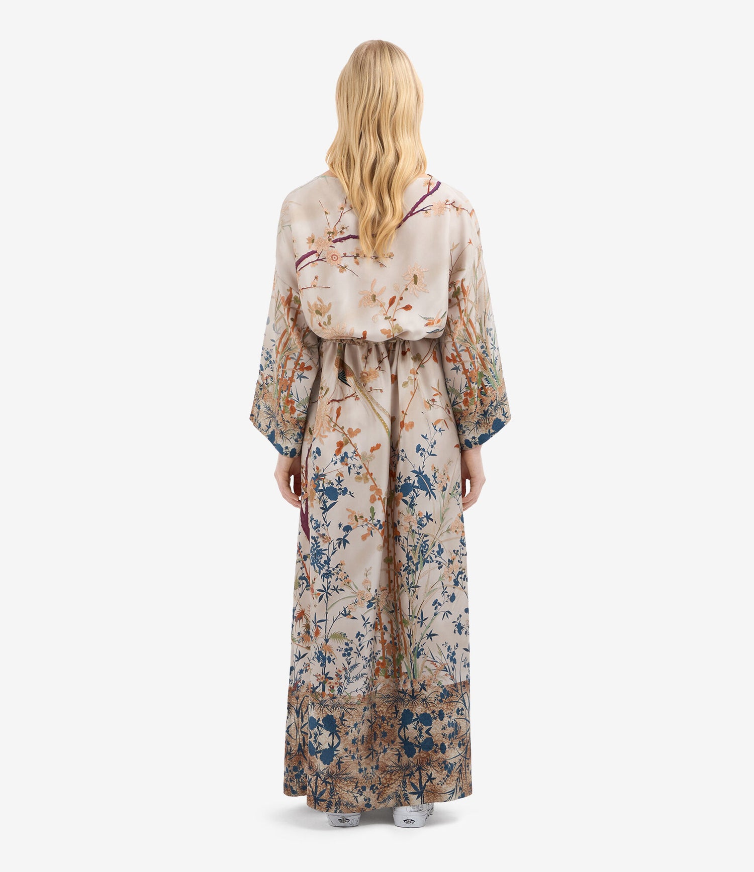 Aloe silk dress in bird-floral print, beige