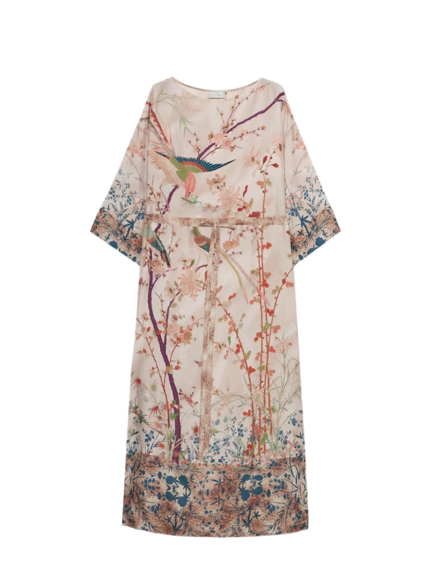 Aloe silk dress in bird-floral print, beige