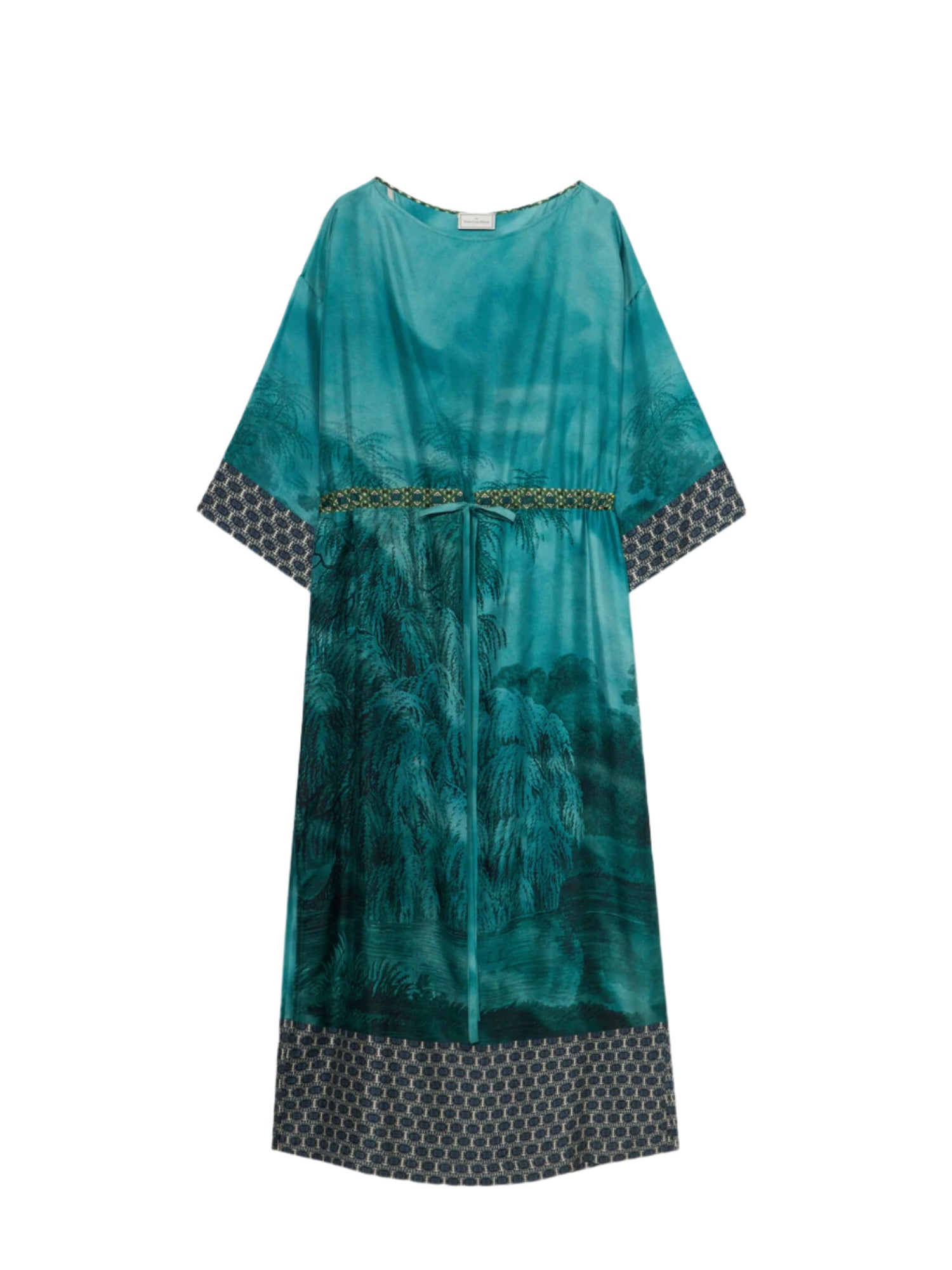 Aloe silk dress in landscape scene print, teal