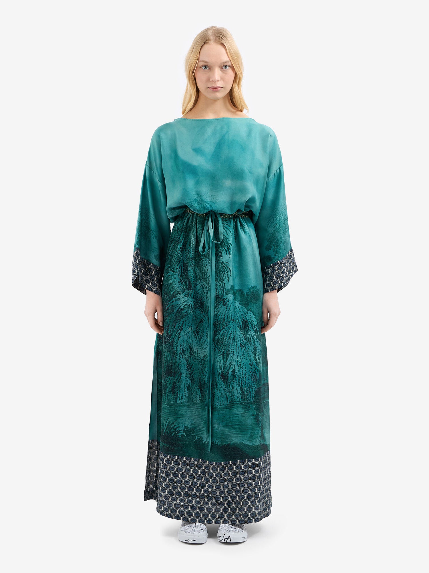 Aloe silk dress in landscape scene print, teal