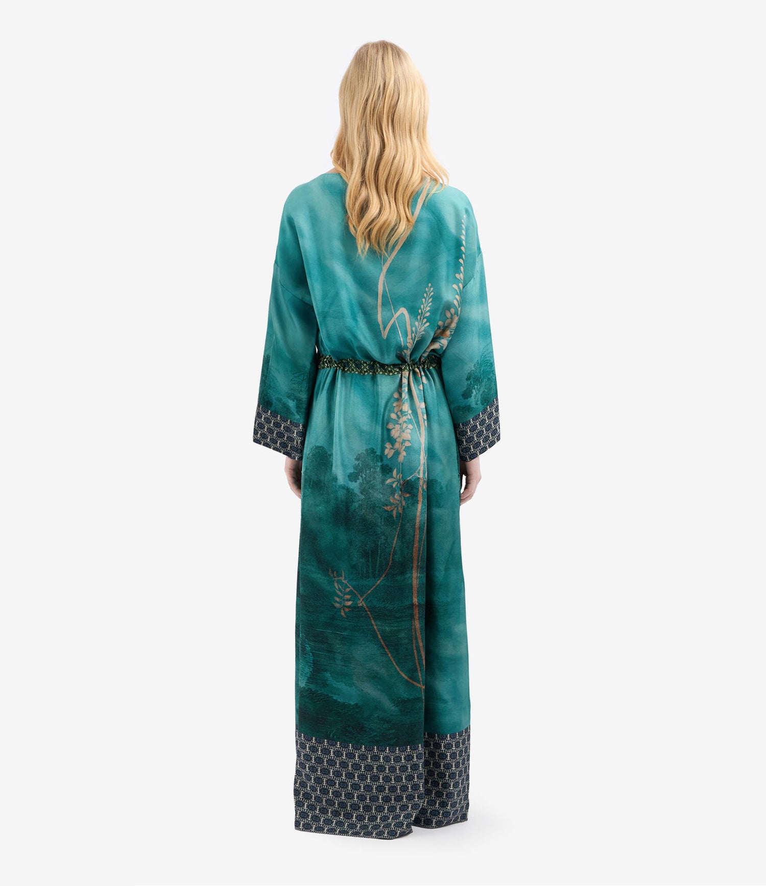 Aloe silk dress in landscape scene print, teal