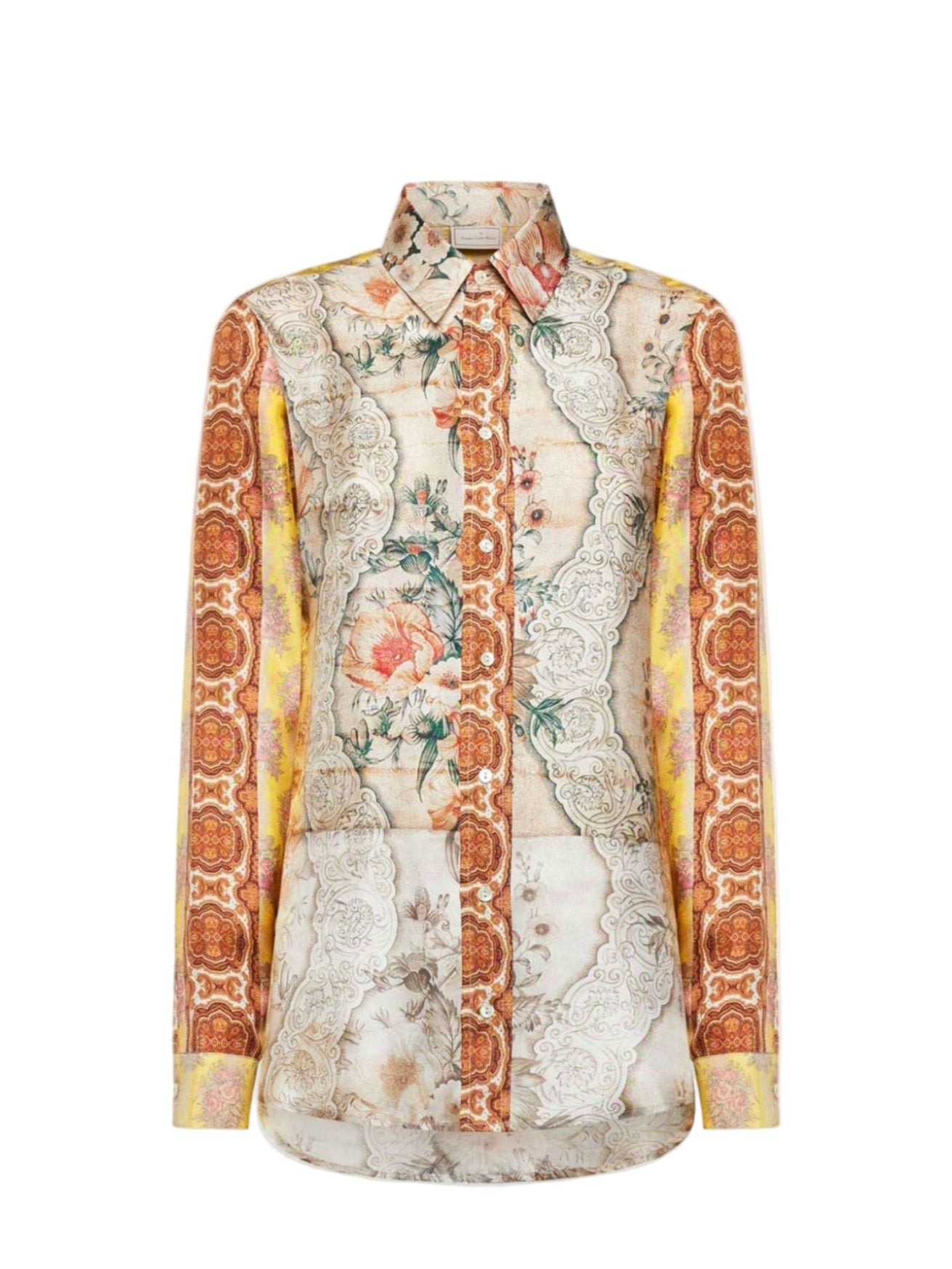 Floral and lace patterned blouse with orange and yellow accents on a white background