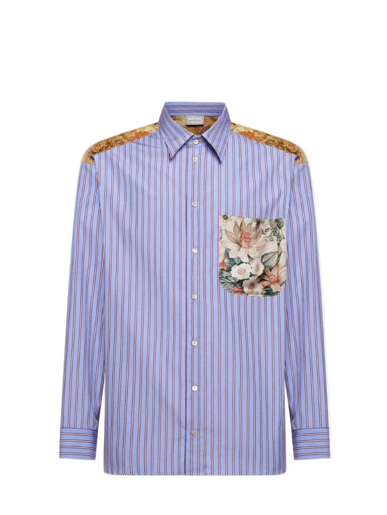 Striped shirt with floral pocket on a white background