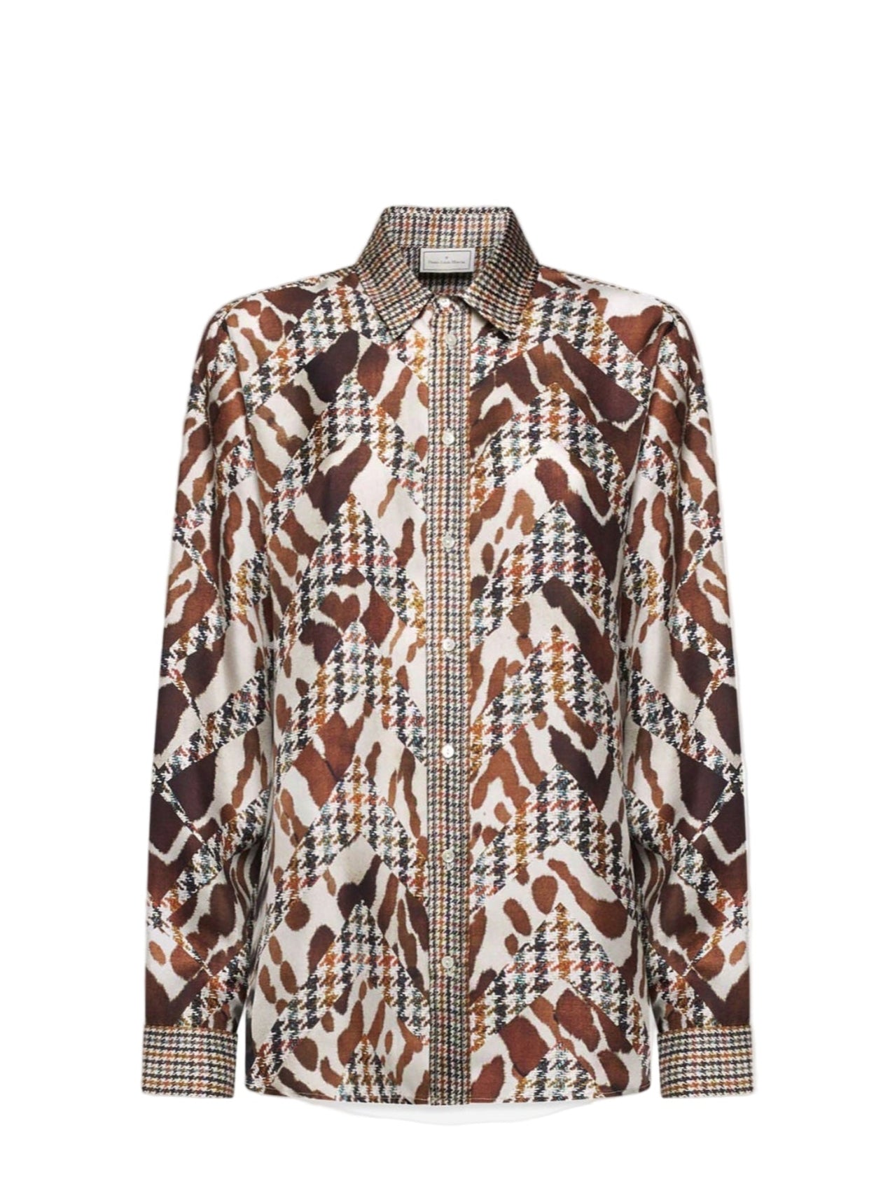 Patterned shirt with a mix of animal print and checkered design on a white background