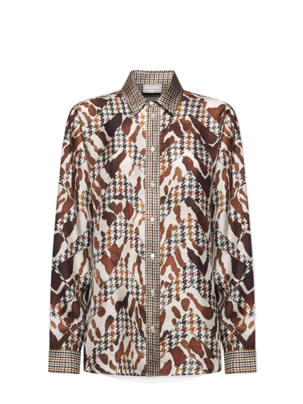 Patterned shirt with a mix of animal print and checkered design on a white background