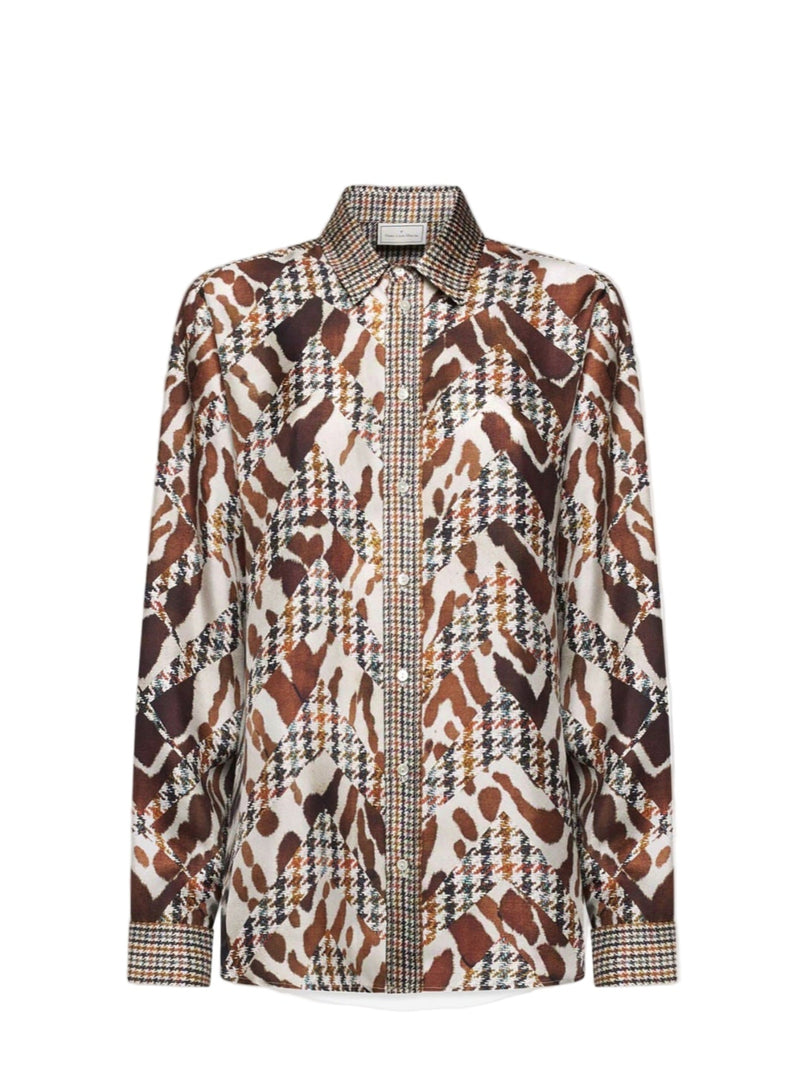 Patterned shirt with a mix of animal print and checkered design on a white background