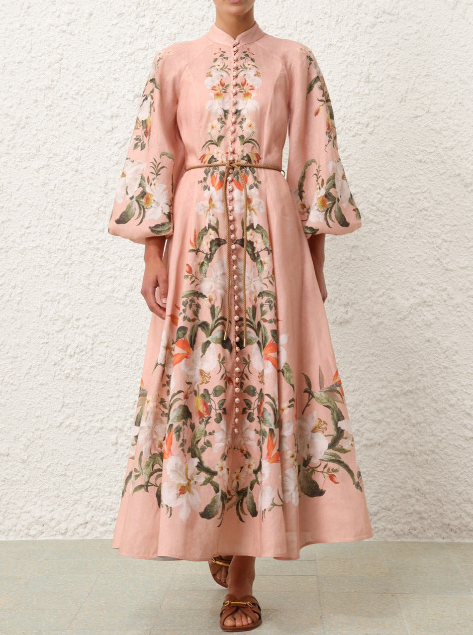Lexi Billow Long Dress, pink palm