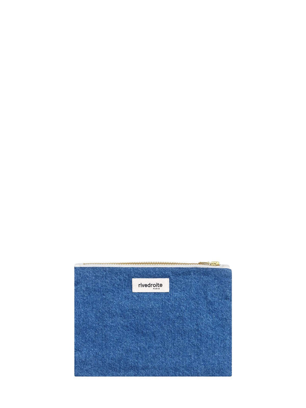 Blue pouch with a brand label on a white background