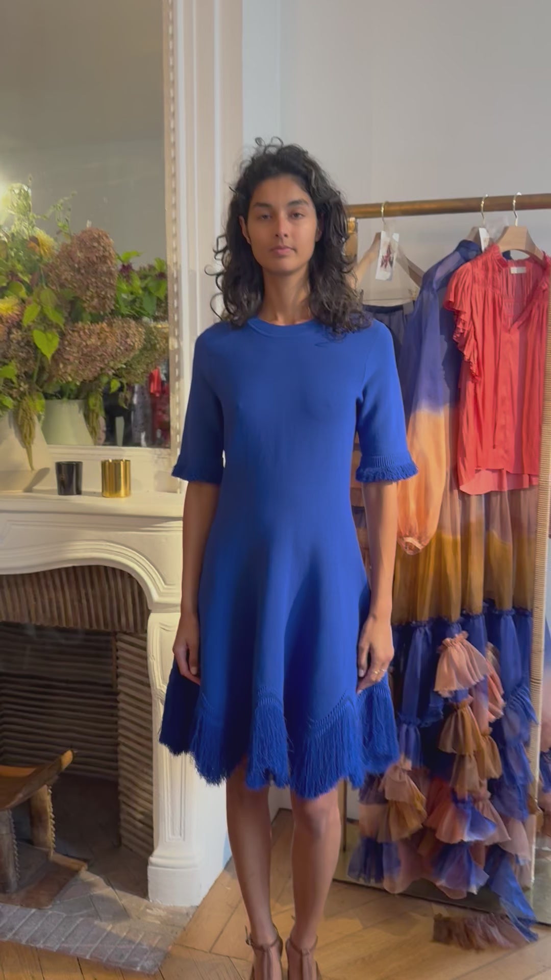 Vittoria Knit Dress with Fringe, Cobalt Blue