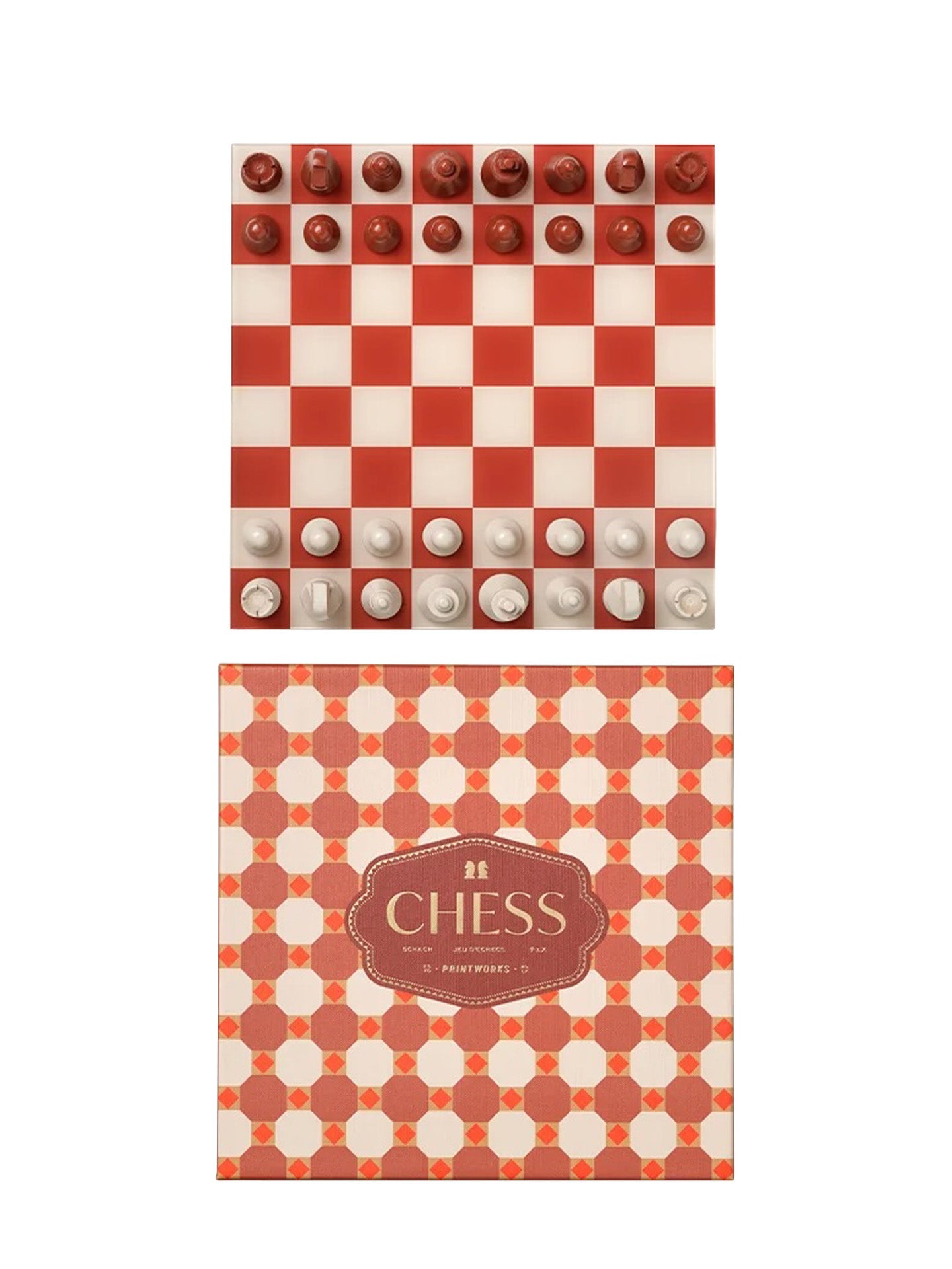 A red and cream checkered chess set with white and cream pieces, shown above its matching Maroccon tile patterned box featuring the brand name Printworks above the game's name, CHESS.