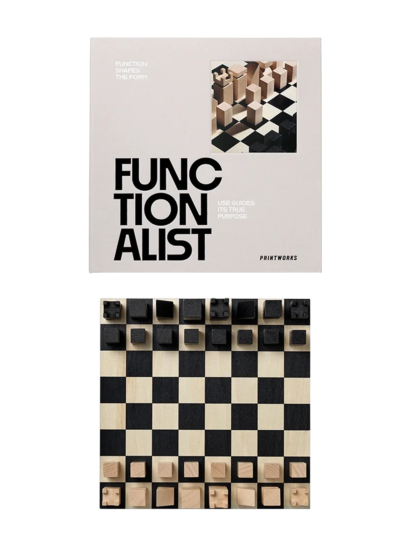 A chess game box cover and a chessboard displayed together on a plain white background. The chess game is titled 'FUNCTIONALIST' with smaller text 'DESIGNS FOR TRUE PURPOSE' and the brand 'POINTWORKS' visible.