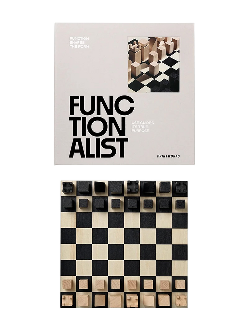 A chess game box cover and a chessboard displayed together on a plain white background. The chess game is titled 'FUNCTIONALIST' with smaller text 'DESIGNS FOR TRUE PURPOSE' and the brand 'POINTWORKS' visible.