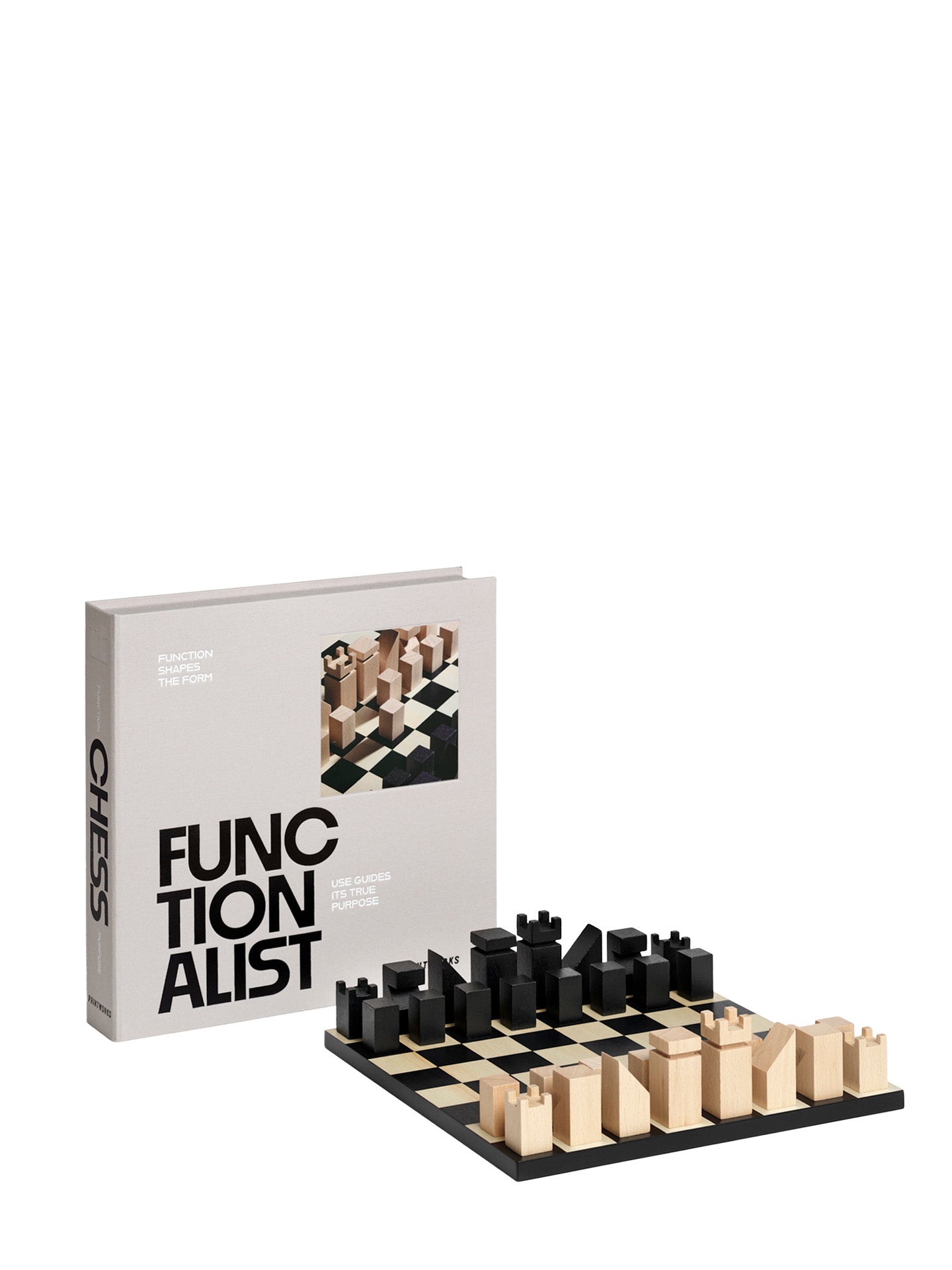 A modern chess set displayed next to its box cover, titled 'FUNCTIONALIST', with the chess pieces arrange in the startin position, the black and unpainted birch natural wood facing each other on the black and cream checkered chess board.