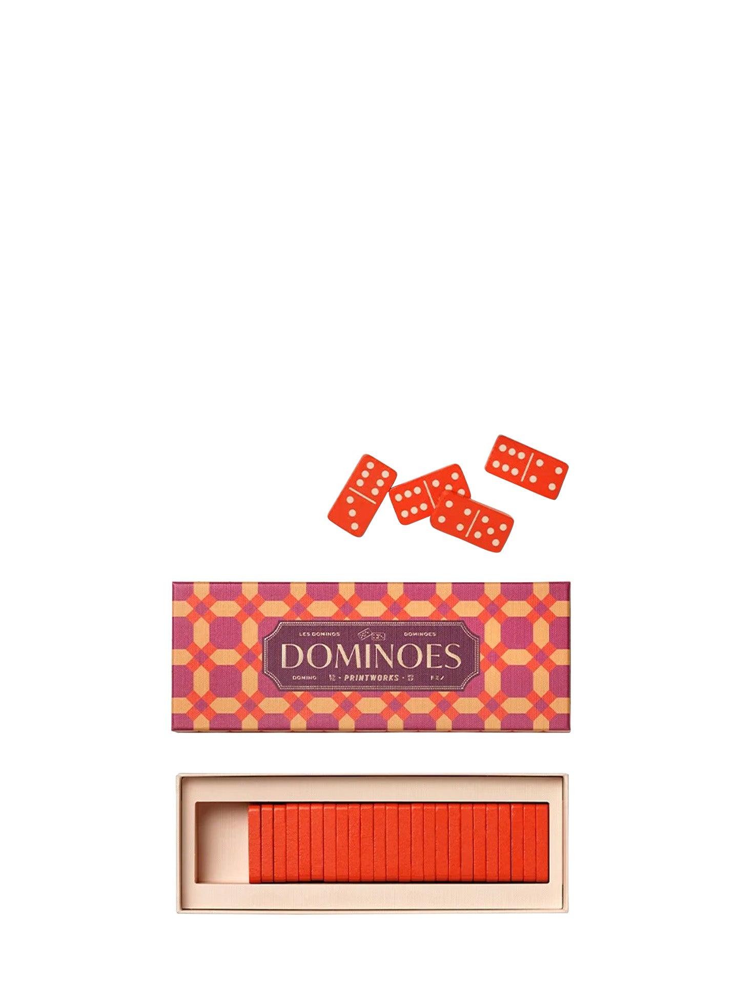 A set of dominoes with a decorative patterned box inspired by the Berber traditional tile making, shown open with four red domino tiles above, pictured on a clean white background. The box features a purple and orange geometric pattern with the word 'DOMINOES' in the center.