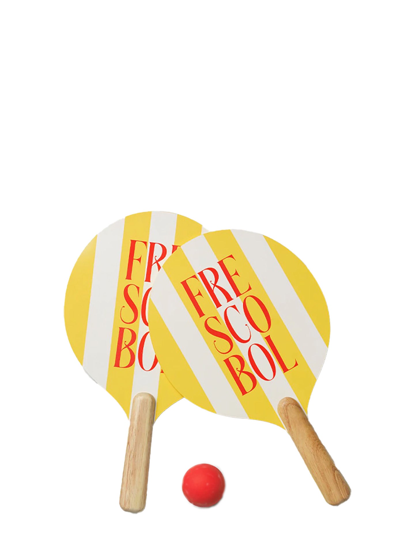 Two yellow and white striped frescobol rackets with wooden handles and a red ball, plus a striped cloth bag.