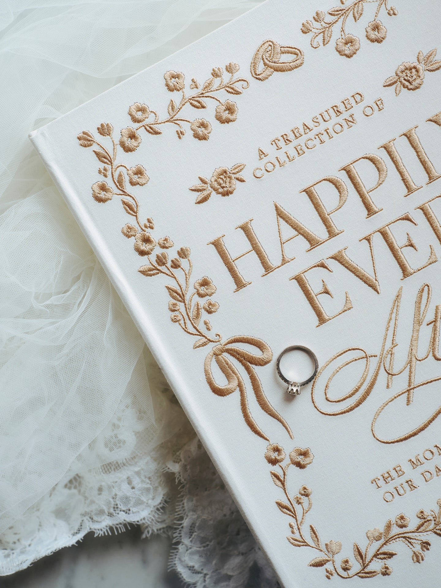 Decorative photo album titled 'Happily Ever After' with wedding ring on a lace background