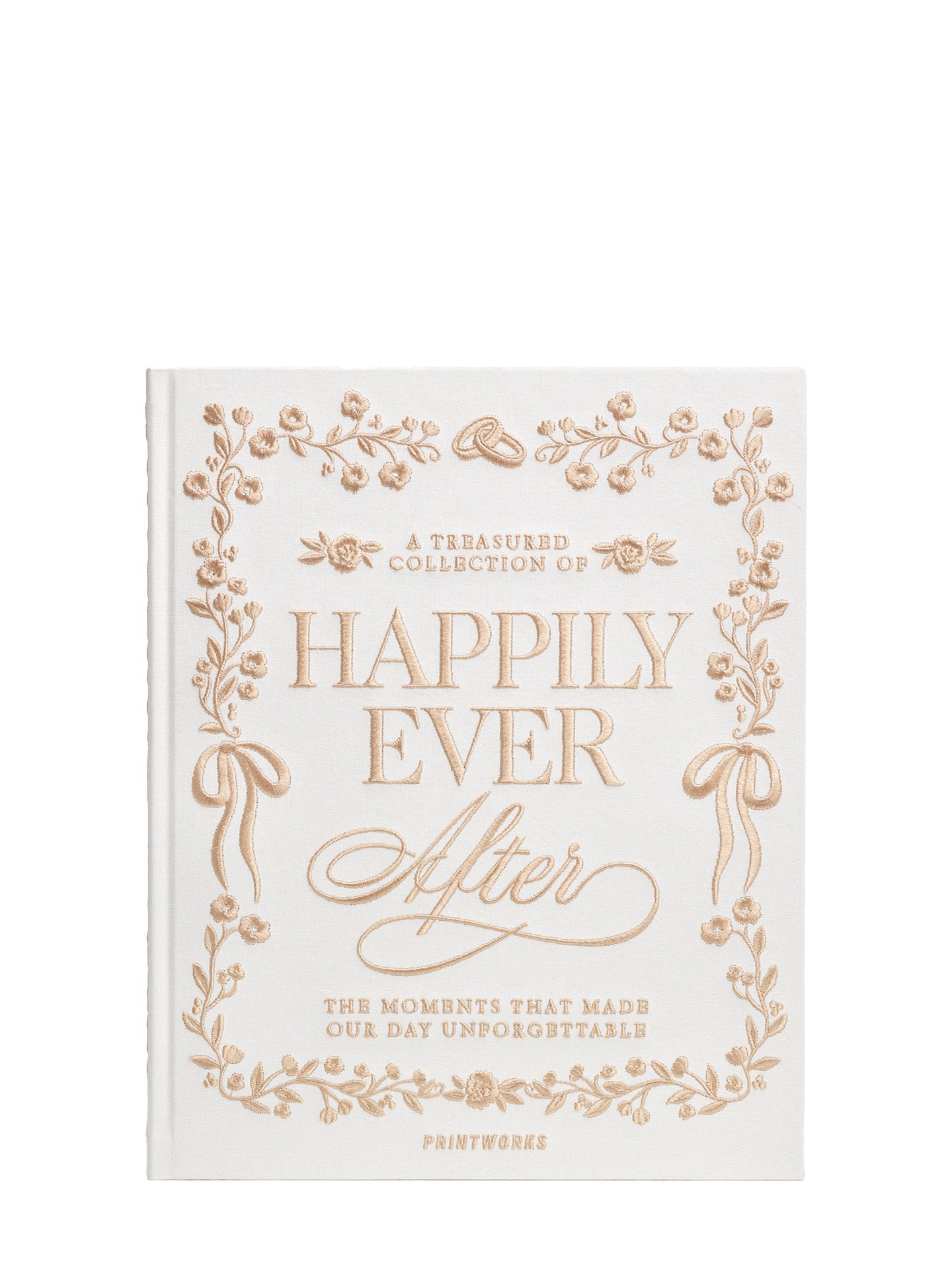 Cloth covered hardback photo album titled 'A Treasured collection of Happily Ever After' and subtitled 'The Moments that Made Our Day Unforgettable' with the titles and decorations embroidered with golden thread on an off-white background